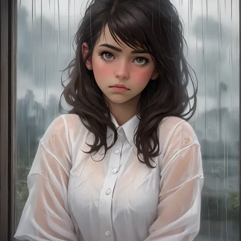 Adult Girl Sad Near Window In Rainy Cloudy Weather In Realistic Style