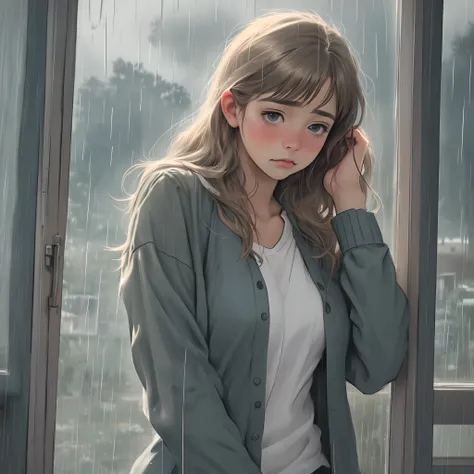 Adult Girl Sad Near Window In Rainy Cloudy Weather In Realistic Style