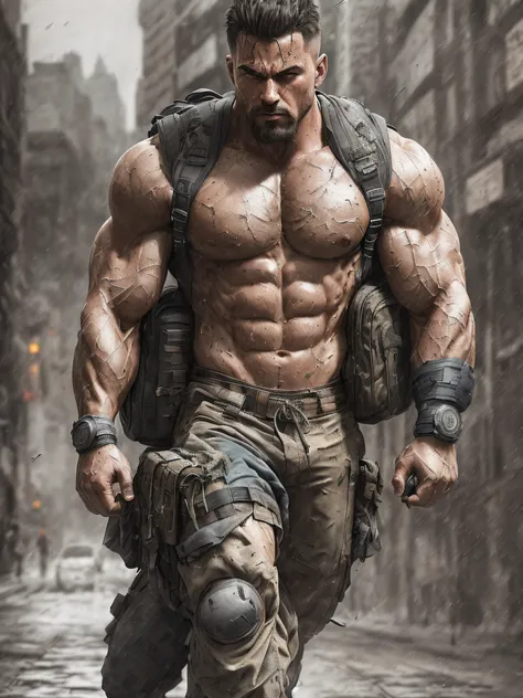 strong muscular man, street angry, backpack, epic realistic, photo, faded, complex stuff around, intricate background, soaking wet, neutral colors, ((((hdr)))), ((((muted colors)))), intricate scene, artstation, intricate details, vignette