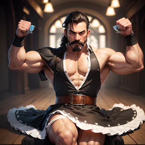 butler,Middle-aged tea,Crazy mustache,muscle,No shirt.,Black maid dress