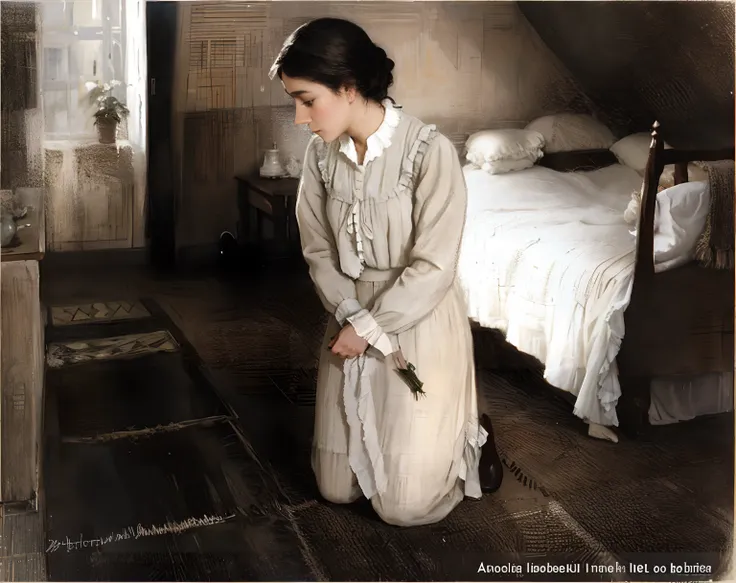 realistic photo of a woman kneeling on the floor in a bedroom, directed by: andrew wroblewski, inspirado em henry ossawa tanner,...