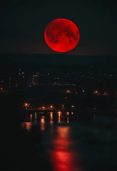 Dark night over the city, red moon, red moon with energy flow, energy tides, bad premonitions, scenery, do not want humans, there is energy flow, highly real, 4K, chiaroscuro, super high detail waiting to start