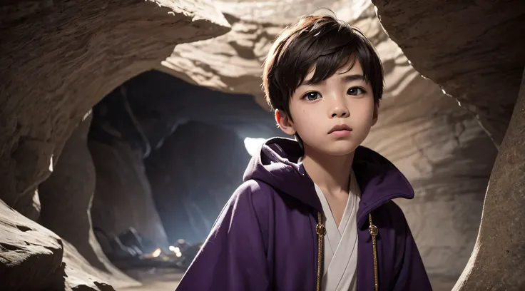 The Boy in the Cave, close-up, The upper half of the body is visible, Low angle, Leaning against the cave wall, perfect faces, Face depictions, Depicting specific faces, Body and face at a glance, (1Boy:1.3), child, A boy, (South Korean : 1.3), (10 years o...