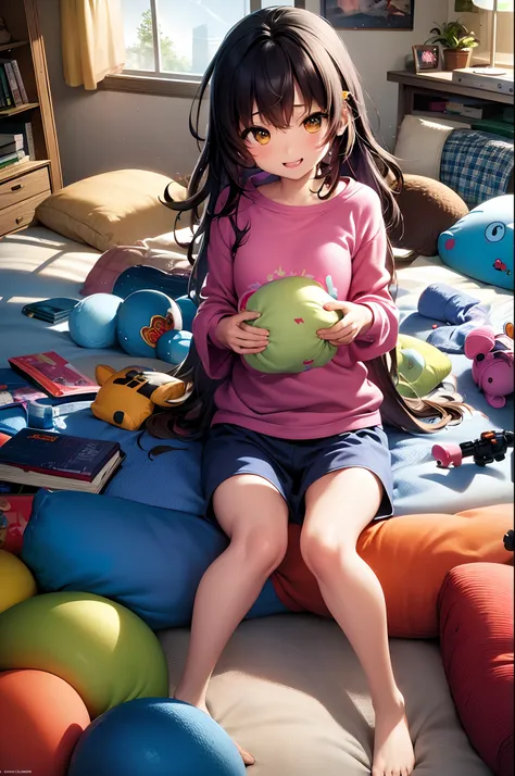 masterpiece, best quality, ultra-detailed, illustration, 2girls, sitting, playful, gaming, messy room, teenage, 15 years old, li...