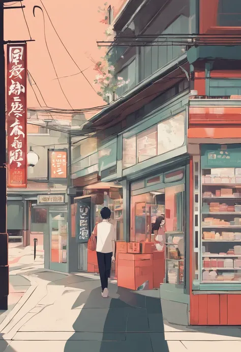 anime - style painting of a man standing in front of a store, tokyo anime scene, japanese street, anime background art, japanese downtown, detailed scenery —width 672, anime style cityscape, japanese city, anime scenery concept art, tokyo street background...