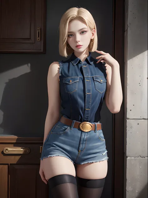 (masterpiece, best quality), 1girll, beautiful face, beautiful body,  android18, earrings, denim, belt，blackstockings