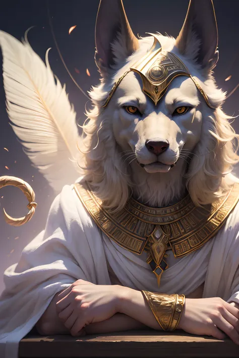 a boy, blond hair, servant of the god anubis, white robes, the magic of purple, the god anubis is nearby