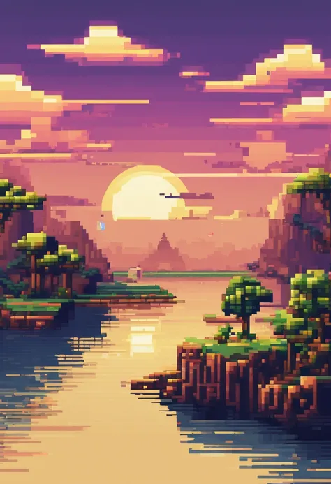 Pixel art tourist destination landscape. Evening. 3d pixel art 4k wallpaper. Incredible pixel art details. Pixel art. Steam waves. Detailed unreal engine pixel art