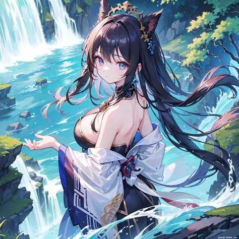 Girl with shiny skin and strong texture、a closeup、A dark-haired、fluffy hair、Hanff、streamer、Flowing ink、Scattering energy、Ride the Chinese Dragon、Landscape waterfall in the background、globalillumination、lush detail、top-quality、​masterpiece