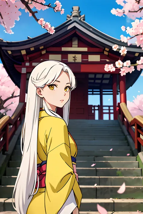 masterpiece, best quality, 1girl, yellow eyes, long hair, white hair, tree, stairs, standing, kimono, sky, cherry blossoms, temple, looking at viewer, upper body, from below, looking back,