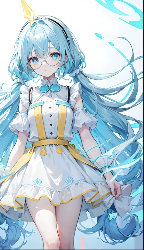 Long light blue hair，White glasses，Various light blue with light yellow princess dresses look a little intellectual and cute, Poor and simple yellowish pigtail，Glowing，black-frame glasses，Various light yellowish white with light golden yellow dresses look ...