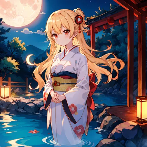 Wavy blonde、red eyes、One Beautiful Girl、Kimono、a moon、natta、hot onsen