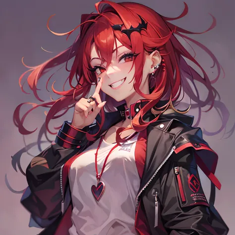 anime girl with red hair and piercings , [[[[grinning evily]]]], wicked smile, (winking), ((red)) baggy eyes, portrait gapmoe yandere grimdark, (anime girl), cunning smile, dramatic smile pose, detailed portrait of anime girl, dramatic smile pose intricate