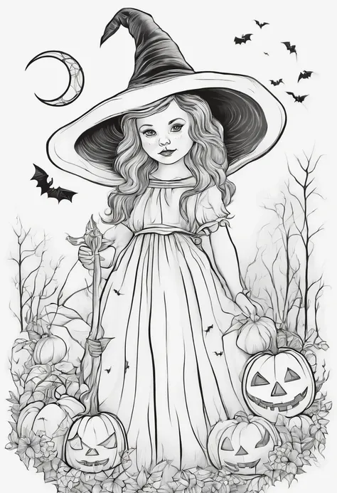 Line drawing,color no,Coloring book for kids,White background,Clear black lines isolated on white background，Halloween，the witch、Witch