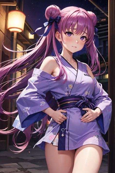 nodokaharamura, Nodoka Haramura, Eyes are purple,purple color  hair、Hair color is purple,Long hair,Bun Ponytail,masutepiece, Best Quality, pixiv,Cool Girl,blacklight,bluntbangs,portraitures, Yellow neon, ornament, parka,doodle, murky, natta, radiant eyes,b...