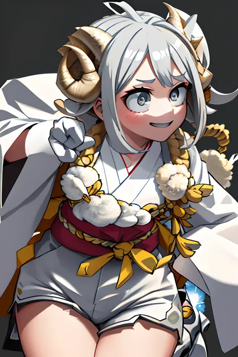 Crisp Contours、Detailed sagging eyes、Ochako、((Detailed face)),​masterpiece,top-quality,(1 person) ,((light eyebrow:1.3))、Smile、((full body Esbian)), Girl with sheep motif、((Big sheep horns:1.3))、Silvery flabby eyes beautiful in every detail,((Gray round ey...