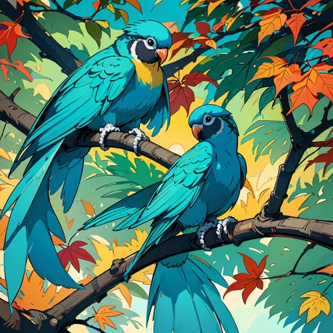 Cute blue parakeet, relaxing on a tree with autumn leaves, in a warm sunlight. Illustration with a pop art style, showcasing vibrant colors and a cheerful atmosphere. (best quality, highres), (realistic).