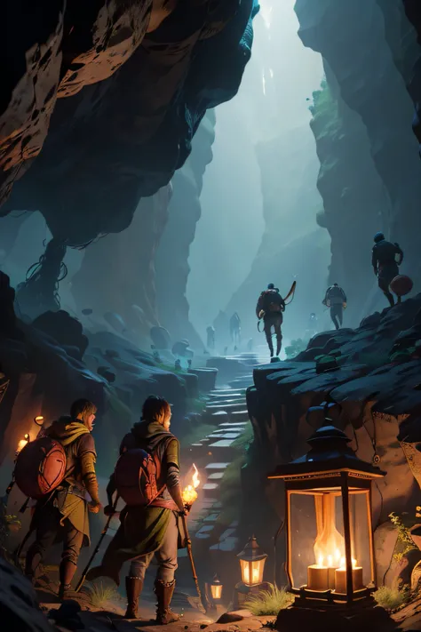 A group of adventurers with torches or lanterns exploring a dark cave.