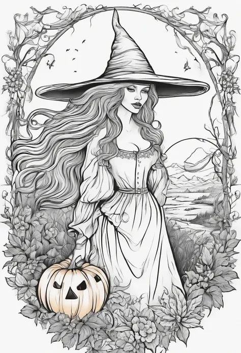 Line drawing,color no,Coloring book for kids,White background,Clear black lines isolated on white background，Halloween，the witch、Witch