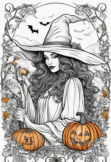 Line drawing,color no,Coloring book for kids,White background,Clear black lines isolated on white background，Halloween，the witch、Witch