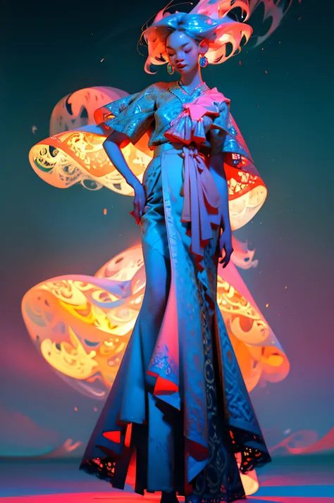 Women wearing Thai clothes, surreal (bestquality, highres), vibrant colours, Dreamlike light, Lace details on the skirt, fluid movement, abstract background, Playful and mysterious atmosphere, Bright and bright brushes, Traditional Thai dress , bright