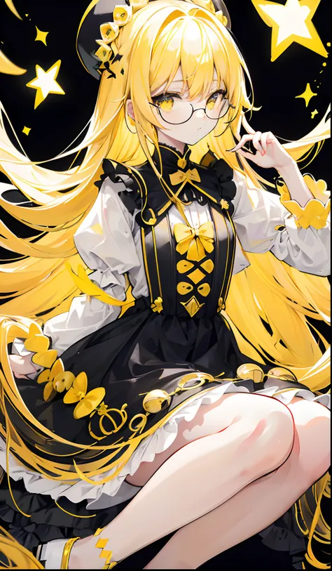 Long blonde hair，Black glasses，The various yellow and yellow princess puffy dresses look a little intellectual and cute, Poor and simple little yellow braid，Glowing，black-frame glasses，Various yellow and white dresses with light golden yellow look a little...