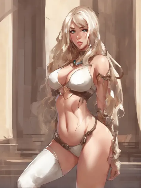 full body, 1girl in, age25, Solo, Long hair, Colossal tits, Looking at Viewer, blondehair, Bare shoulders, Brown eyes, jewely, Full body, a necklace, brown leather bikini, high-heeled shoes, Realistic, A sexy, in white wall