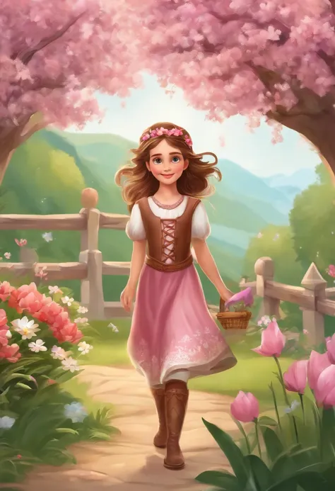 Three or four brown-haired 6-year-old elves，Handheld flower basket，Surrounded by beautiful pink flowers and nature, you can run happily while playing，Enjoy the lovely valley scenery，6 year old elf in medium view，The illustration is in 8K resolution，hd illu...