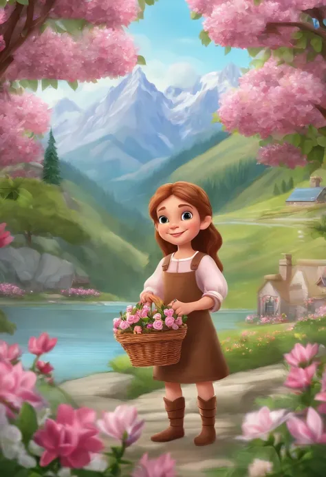 Three or four brown-haired 6-year-old elves，Handheld flower basket，Surrounded by beautiful pink flowers and nature, you can run happily while playing，Enjoy the lovely valley scenery，6 year old elf in medium view，The illustration is in 8K resolution，hd illu...