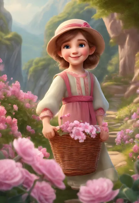 Three or four brown-haired 6-year-old elves，Handheld flower basket，Surrounded by beautiful pink flowers and nature, you can run happily while playing，Enjoy the lovely valley scenery，6 year old elf in medium view，The illustration is in 8K resolution，hd illu...