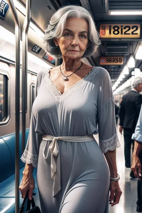 85-year-old woman with gray hair, seductive gaze, a bunch of hair on top, old gray hair, elderly stranger in the subway, awkward situation, many people, train arrived, subway, sexy summer clothes, blue eyes, a lot of wrinkles on her face, old woman, old bo...