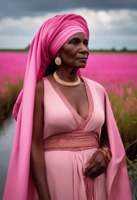 Grandmother, African goddess, dame, elderly. en robes toute rose fluides. en turban rose. Corps entier debout. In the background in the middle of a swamp in nature. Style mythe. mystique. Pouvoir et magie. une vieille dame