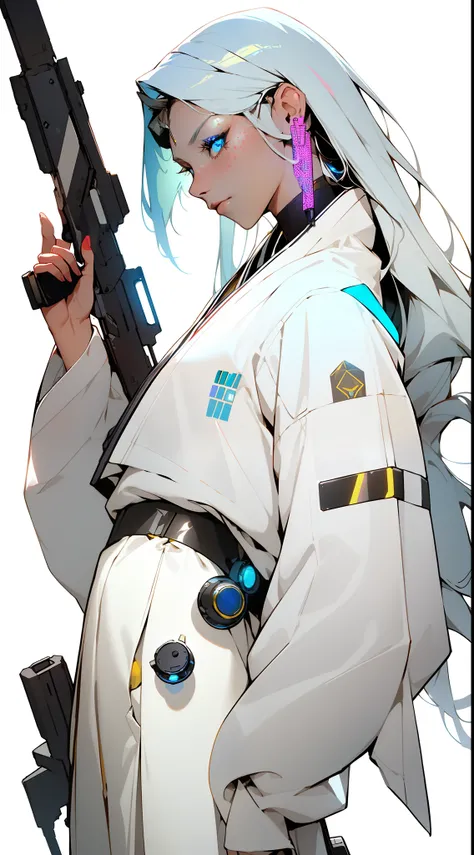 ((Cyberpunk style, robotic arm, holographic aura, surreal sci-fi art, futuristic sci-fi aesthetics)), (1 girl solo), close-up, (resolute eyes), (ancient Chinese clothes, white robe, embroidered collar Uesugi, white large-sleeved shirt, streamers), (hairpin...