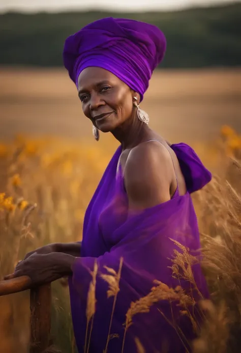 Grandmother, African goddess, dame, elderly. en robes violettes fluides. en turban violet. Corps entier debout. in the background in the middle of a field in nature. Style mythe. mystique. Pouvoir et magie. une vieille dame