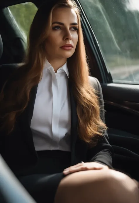 2 young european businesswoman, in the car, realistic body build, urge to urinate, very desperate to pee, bursting bladder, dying to pee, going to wet herself, public humiliation