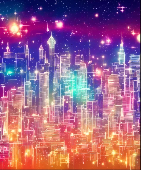 Sheet music playback、Colorful sheet music is played、Cute girl characters、 Night view from a high place、Drawing a large number of skyscrapers, Looking up at the starry sky. Surround her with colorful nebulae and colorful metropolis.