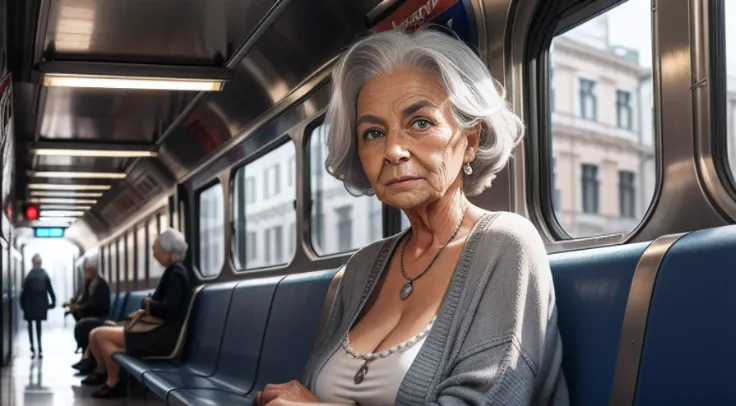 85-year-old woman with gray hair, seductive gaze, a bunch of hair on top, old gray hair, elderly stranger in the subway, awkward situation, many people, train arrived, subway, sexy summer clothes, blue eyes, a lot of wrinkles on her face, old woman, old bo...