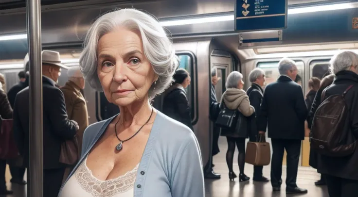 85-year-old woman with gray hair, seductive gaze, a bunch of hair on top, old gray hair, elderly stranger in the subway, awkward situation, many people, train arrived, subway, sexy business clothes, blue eyes, a lot of wrinkles on her face, old woman, old ...