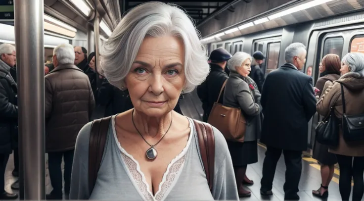 85-year-old woman with gray hair, seductive gaze, a bunch of hair on top, old gray hair, elderly stranger in the subway, awkward situation, many people, train arrived, subway, sexy business clothes, blue eyes, a lot of wrinkles on her face, old woman, old ...