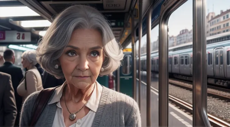 85-year-old woman with gray hair, seductive gaze, a bunch of hair on top, old gray hair, elderly stranger in the subway, awkward situation, many people, train arrived, subway, sexy business clothes, blue eyes, a lot of wrinkles on her face, old woman, old ...