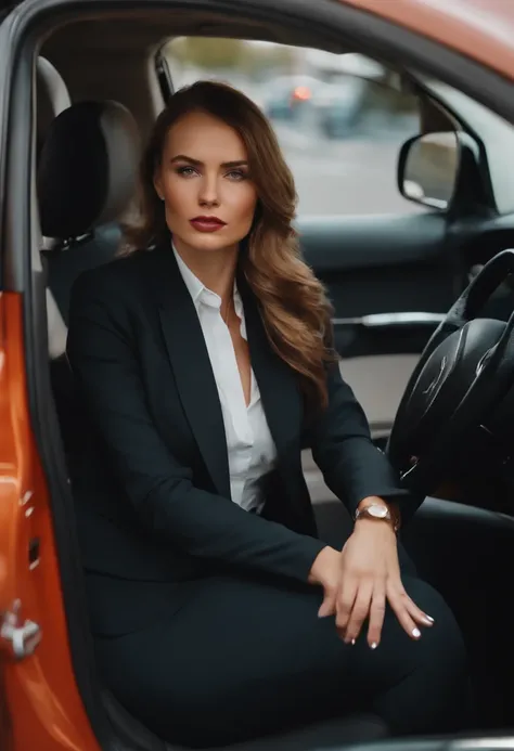 young polish businesswoman in the car, realistic, urge to urinate, very desperate to pee, bursting bladder, dying to pee, going to wet herself, public distress