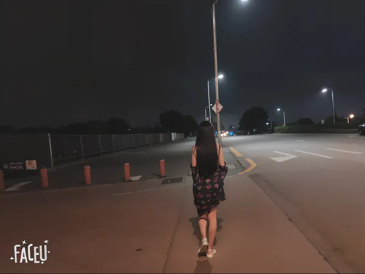 There was a woman on the street at night,long and flowing hair, far away from camera, walking away from the camera, night time footage, calm evening., High-quality footage, lonely human walking, cinematic shot ar 9:16 -n 6 -g, nighttime photography, long d...