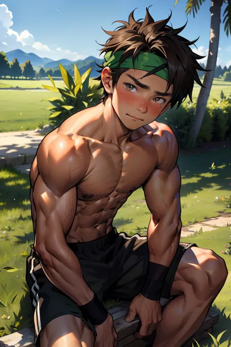 (Masterpiece, Best quality 12 year old boy，Shota), 1boys, Young,Muscular, Short hair, with brown eye, Intricate, Grass, full bodyesbian, Shirtless, Muscles sparkle in the sun,Black shorts,  green headband, Vivid colors,(Depth of field:1.2),(Abs),Blush, vie...