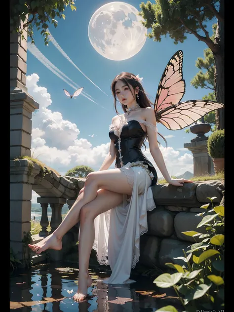 ((best quality)), ((masterpiece)), (detailed), ethereal beauty, perched on a pink blossom tree, (fantasy illustration:1.3), enchanting gaze, captivating pose, solo girl, delicate butterfly wings, otherworldly charm, mystical sky, (Luis Royo:1.2), (Yoshitak...