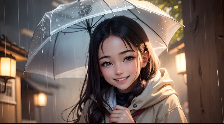 a girl smiling stand in rain very low