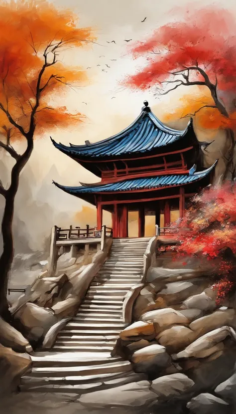 Quaint Han Dynasty style temple，Vista is a monk meditating in front of a temple（closeup cleavage），Meditate，zazen，A meditative（Chinese landscape painting），（ink and watercolor painting），（8k wallpaper），（light and shadow effect），rendering by octane，White balan...