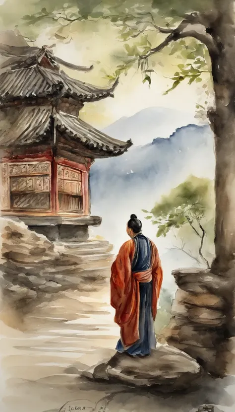 Quaint Han Dynasty style temple，Vista is a monk meditating in front of a temple（closeup cleavage），Meditate，zazen，A meditative（Chinese landscape painting），（ink and watercolor painting），（8k wallpaper），（light and shadow effect），rendering by octane，White balan...