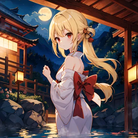 The blonde summed up、red eyes、One Beautiful Girl、Kimono、hot onsen、a moon、natta