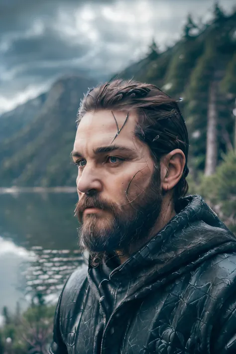 A man with brown hair, 40 years old, ((Viking beard), (((upper body portrait, happy)), nature, lake on the mountain, (((cloudy weather)), ((late afternoon)), ((black clothing), pine trees at the foot of the mountain, cold clothes, realistic lighting, reali...