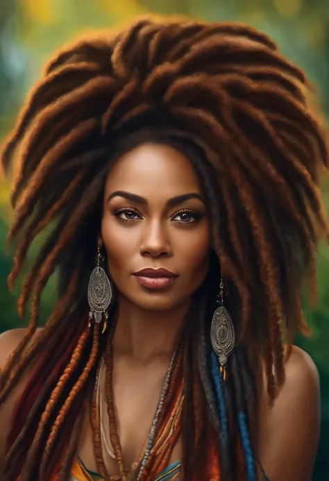 Create me a mixed-race woman in her forties with dreadlocks who draws